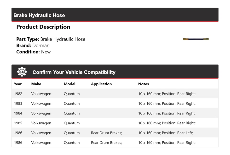 Manguera hidráulica de freno para Volkswagen Quantum Dorman 1982-1986 1983 1984 1985 Foto 2 de 4