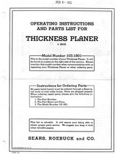 1952 Craftsman 103.1801  6"x2" Thickness Planer-Instructions & Parts List