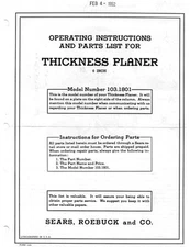 1952 Craftsman 103.1801  6"x2" Thickness Planer-Instructions & Parts List