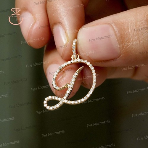 Colgante inicial en D de oro amarillo sólido de 14 k pavé de diamantes alfabeto D joyería - Imagen 8 de 12