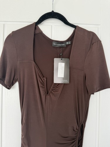 Pretty Little Thing Brown Cut Out Slinky Bodycon Dress Size 12 BNWT - Picture 6 of 9