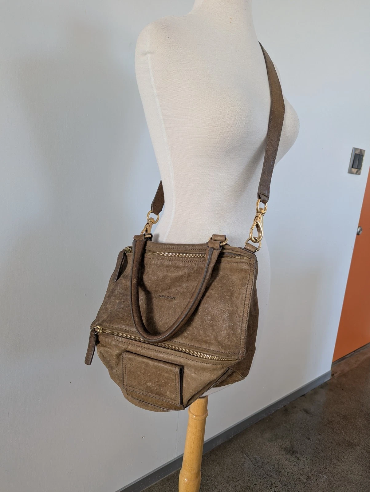Givenchy — Givenchy Pandora Ostrich Leather Taupe Shoulder Bag
