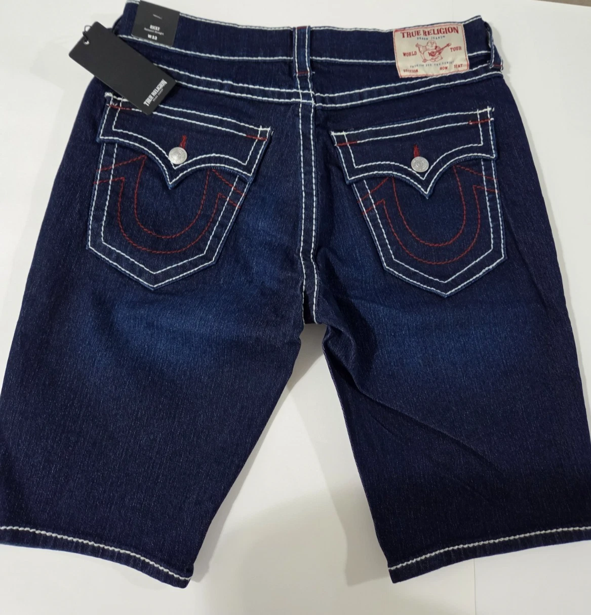 TRUE RELIGION Ricky Big T Flap Shorts Dark Wash Blue Denim Mens Size 34 NWT