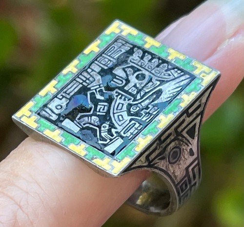 Vintage Mexican Biker Enamel Aztec ring Sterling Silver size 9 - Picture 15 of 23