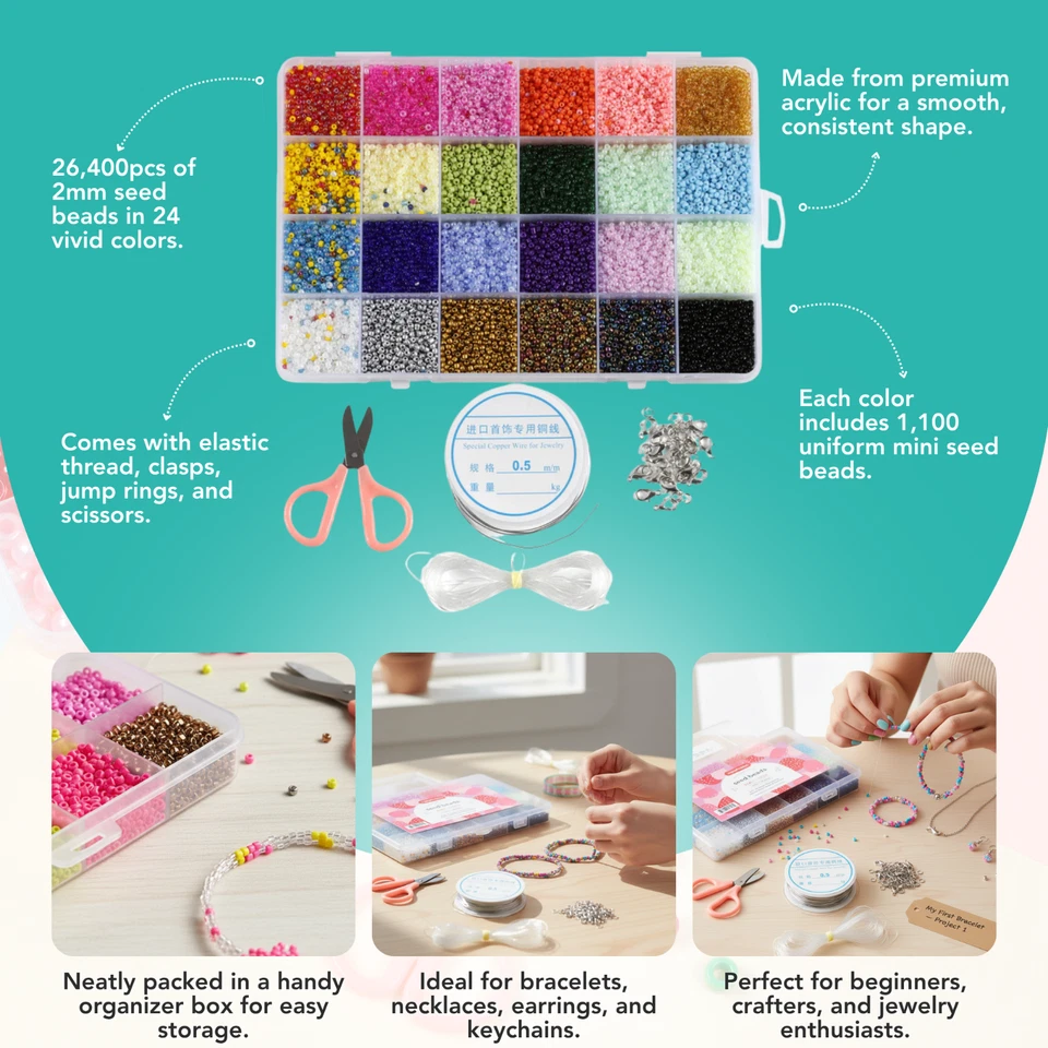 Incraftables 26400 piezas cuentas de semillas para hacer joyas (24 colores) (cuentas pequeñas de 2 mm) Foto 3 de 4