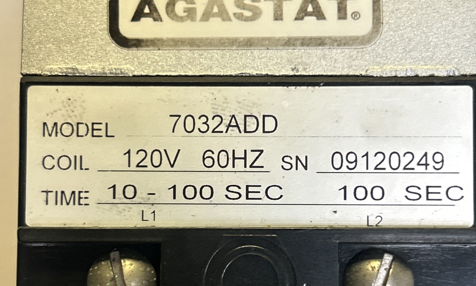 AGASTAT,7032ADD,TIMING DELAY RELAY 10-100 SEC 120V