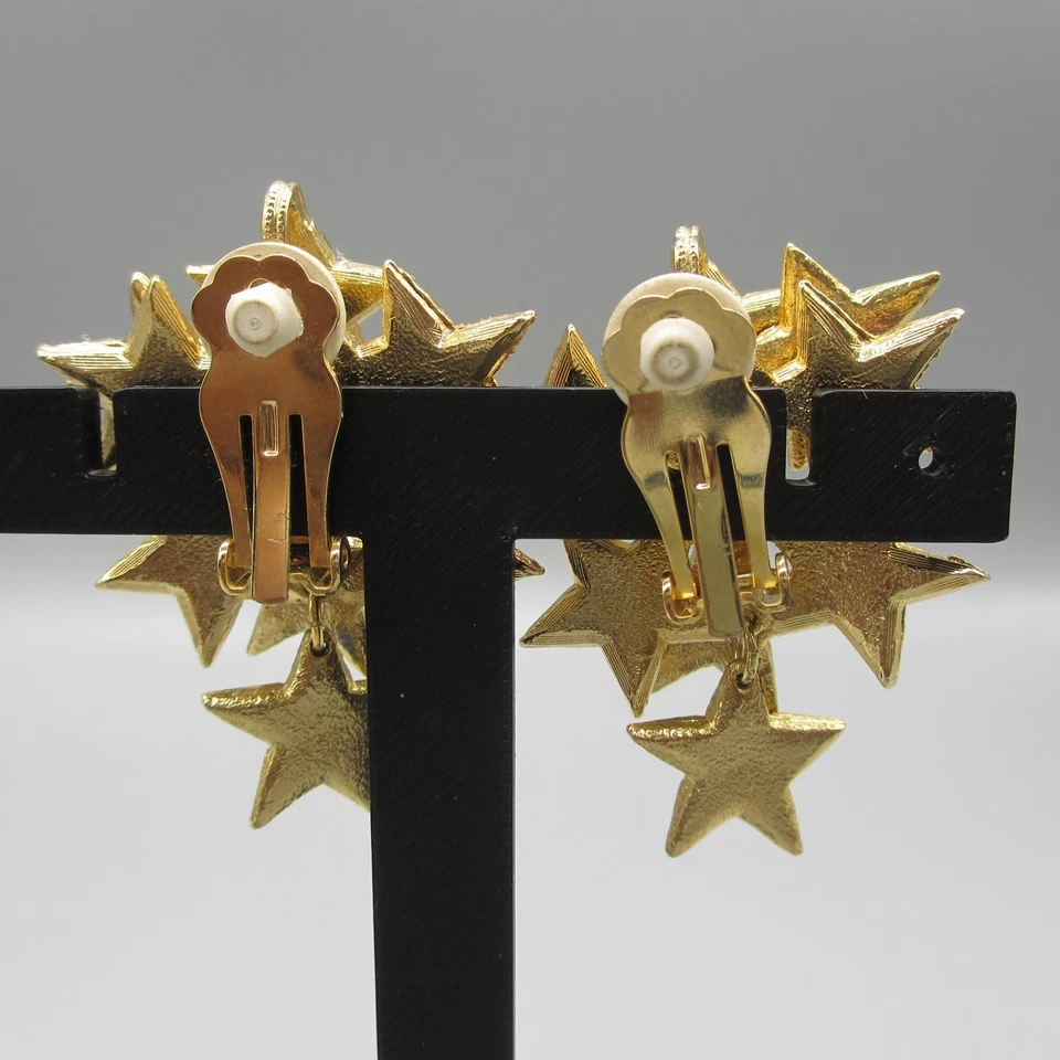 Vintage Rhinestone Earrings Multicolor Star Dangle Statement Clip On - Image 3 of 4