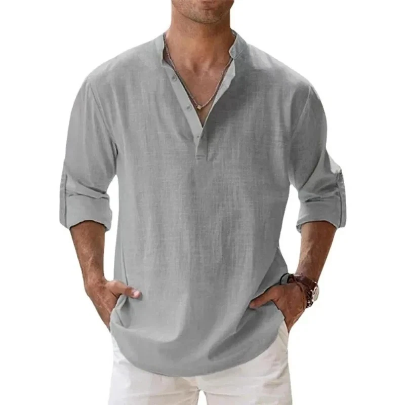 Men's Cotton Linen Henley Long Sleeve Shirt Casual Beach T-shirt Tee Summer Gift - Image 3 of 4