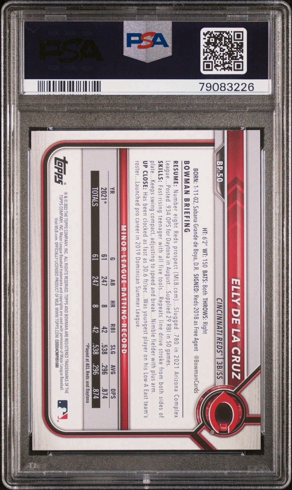 PSA 10 ELLY DE LA CRUZ 1st 2022 Bowman Paper Prospect Rookie Card RC GEM MINT view 2