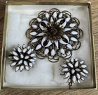 Vintage Gold Tone Domed Flower Pin & Co Earrings White Enamel Costume Jewelry