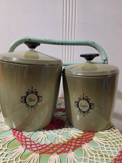 West Bend Olive Green Metal Vintage Canister Set Flour & Sugar With Lids