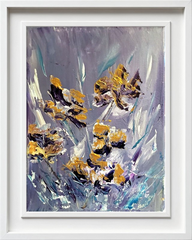 Original Floral Abstract Iris Gold  Acrylic Painting 12 x 16 Modern Fine Art  