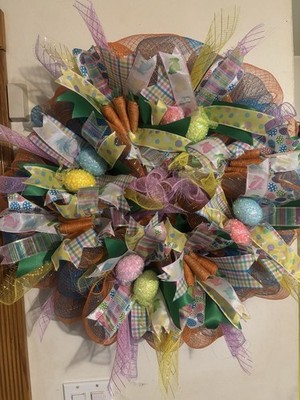 Handmade Mesh Ribbon Easter Wreath with Pastel Eggs, Carrots, Multicolor Decor