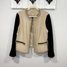 Chico s Black Label Embellished Tweed Jacket Size 2 Neutral Beaded Trim EUC