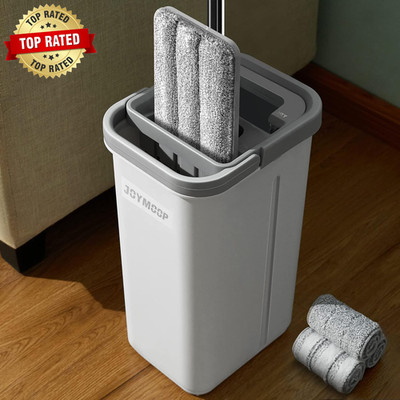 Mop and Bucket Set, Hands-Free Flat Floor Mop with 3 Washable Microfiber Pads, W