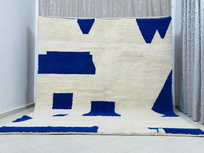 New Moroccan Beni Ourain Wool Rug Color Blue & White Handmade Design Carpet Rug