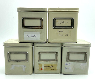 5 alte Horo Apotheker Blechdose Teedose 11 cm hoch