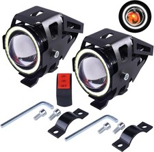 Motorcycle LED Fog Lights U7 Spotlight with High Low Strobe Beam Halo Rings Whit