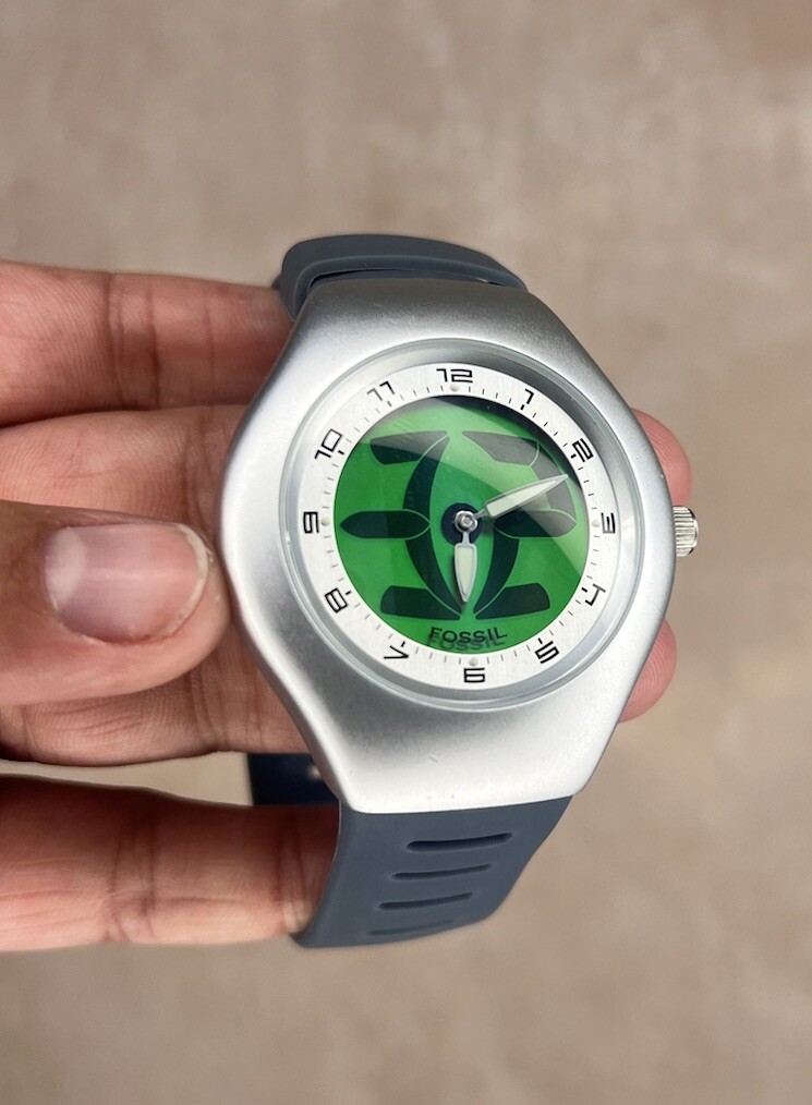 Rare y2k FOSSIL Green Big Tic Counting Animated Watch JR-7983, Box 