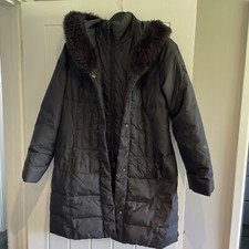 Larry Levine Women’s Down Feather Coat Jacket Small Black Hood Faux Fur Collar
