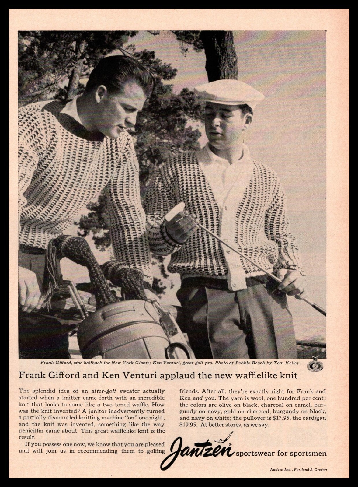 1959 Frank Gifford NFL Ken Venturi Golfer Pebble Beach Jantzen Sweaters Print Ad