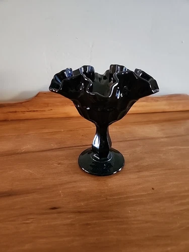 VTG Fenton Black Art Glass Ruffled Vase Thumbprint Pattern Pedestal Base 7" Tall