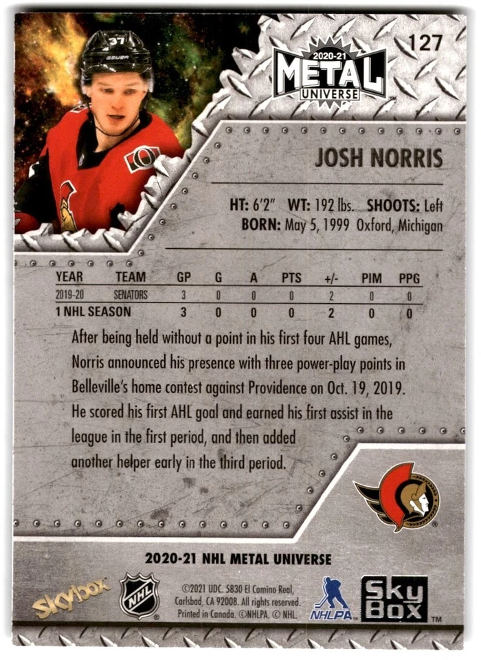 2020-21 Skybox Metal Universe Josh Norris Rookie #127 Ottawa Senators - Image 2 of 2