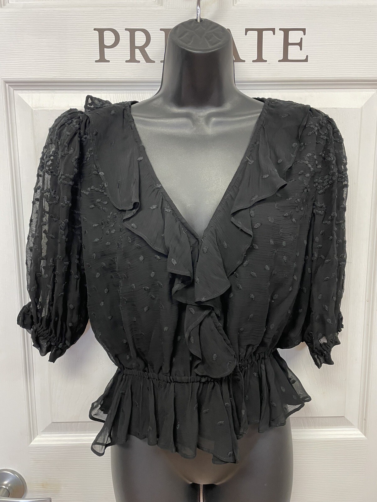 The Kooples Paris Black Sheer Blouse Ruffle Women’s 2 Pretty!!
