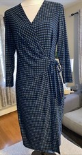 CAREER / CASUAL Anne Klein Blue & Black Dot 3/4 Sleeve Knee Length Plunge Size M