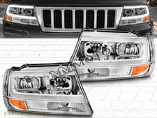 Fits For Set Of Pair Chrome Headlights Led C-bar 1999-2004 Jeep Grand Cherokee