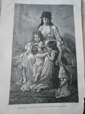 Engraving 1878 - A brood after Lobrichon (woman with her 3 children)