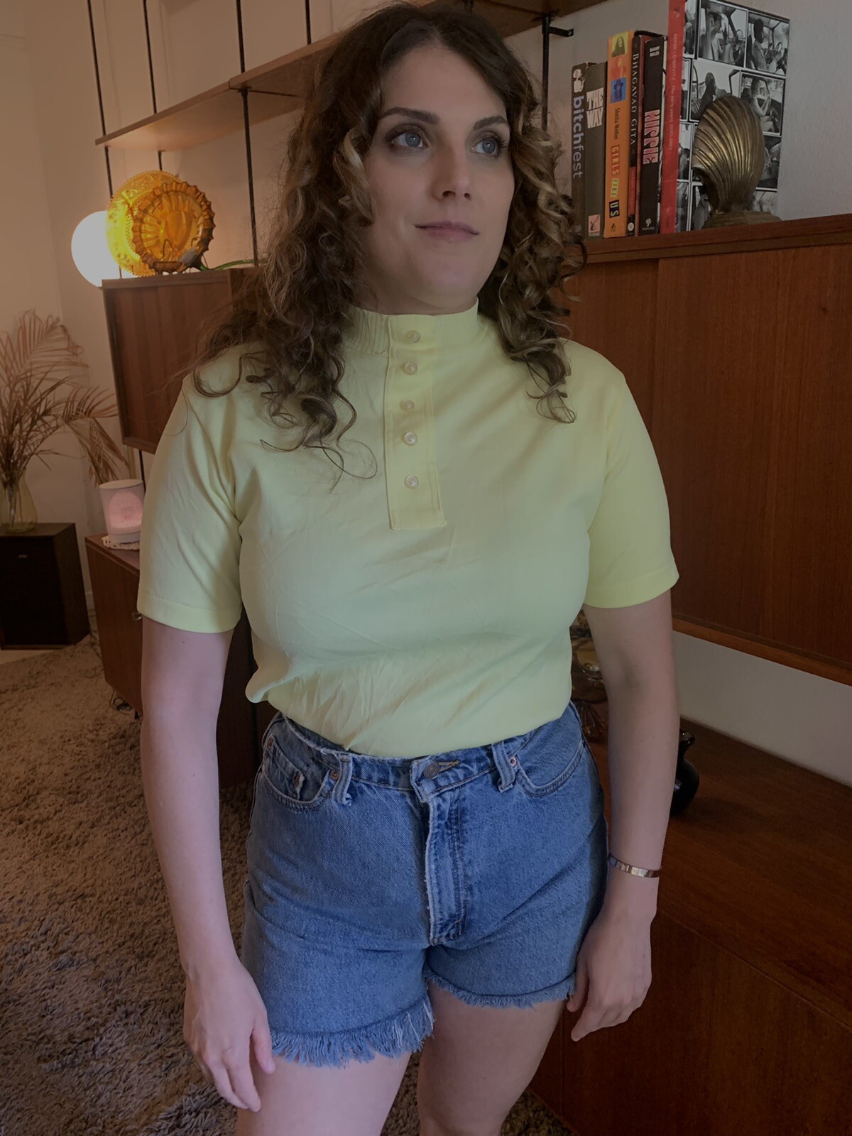 70s yellow mockneck blouse - image 1