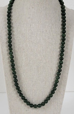 Vintage Dark Green Jade Beaded Necklace 24 In 8mm Barrel Clasp
