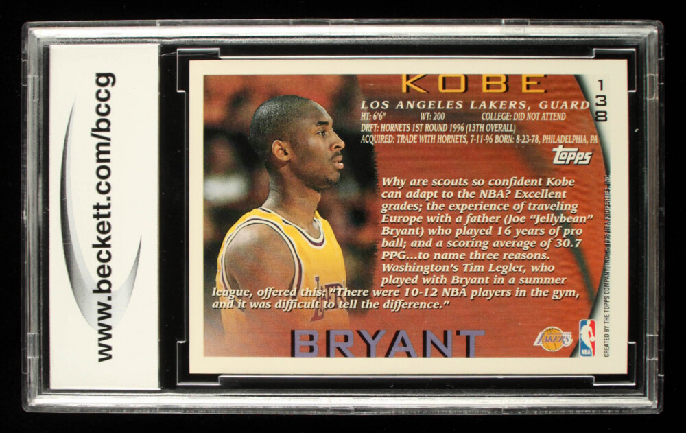 Kobe Bryant 1996-97 Topps #138 Iconic Rookie RC Graded Beckett