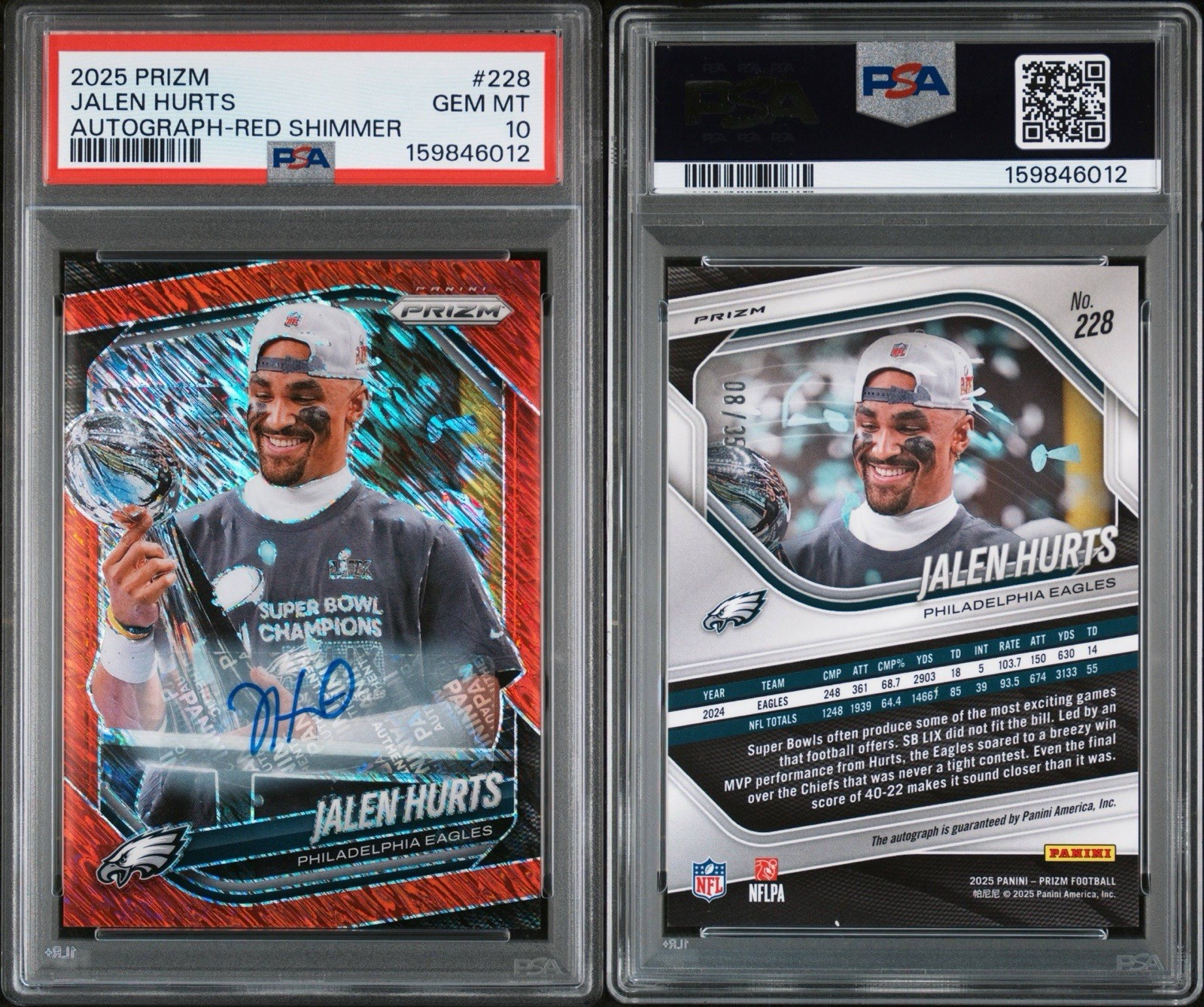 Jalen Hurts /35 Auto Red Shimmer PSA 10 GEM MINT 2025 Prizm #228 Super Bowl view 3