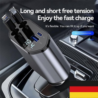 4 in 1 120W Einziehbares Auto Ladegerät USB Typ-C Kabel Schnellladeadapter Neu