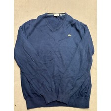 Lacoste Mens V Neck Sweater Navy Blue Croc Logo Size 14 Pullover Long Sleeve