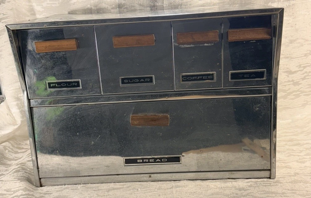 Vintage Krestline Speco Metal Bread Box & Canister Set USA Stainless Steel