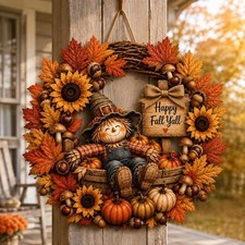 Happy Fall Y  all Wooden Door Sign Thanksgiving Scarecrow Pumpkin Porch Decor