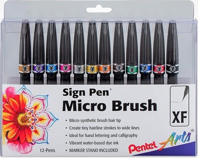 Pentel Arts Sign Pen Micro Brush Tip, Assorted Colors (A/B/C/D/E/F/G/N/P/S/V/Y),