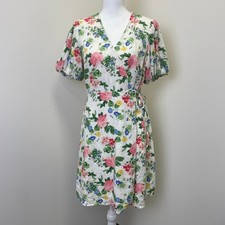 Old Navy Floral Linen Blend Wrap Dress L Short Puff Sleeve Cottagecore Peasant