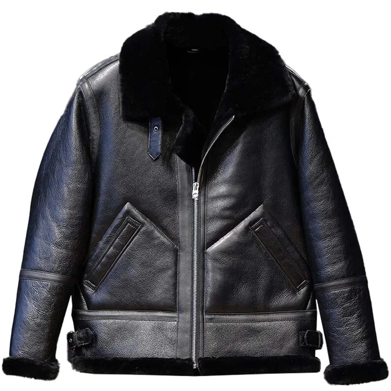 Unisex B3 Bomber Black Pilot Aviator Flight Jacket Shearling Fur Leather Coat image 2