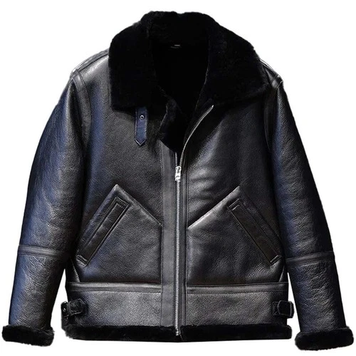Unisex B3 Bomber Black Pilot Aviator Flight Jacket Shearling Fur Leather Coat image 2