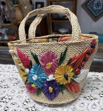 Vtg Jamaica Rattan Floral Straw Purse Handbag Hand Woven Small Purse Lined 1970s
