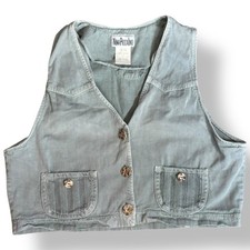 Vintage Cropped Button Front Vest Light Sage Green Vneck Woven Detail Pockets