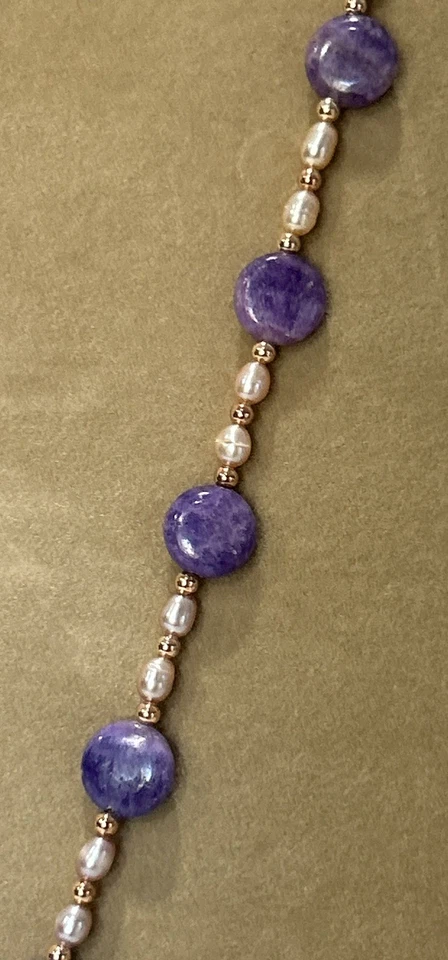 Genuine Charoite With Pearls Floral Necklace, And Earrings Set - Image 3 of 4