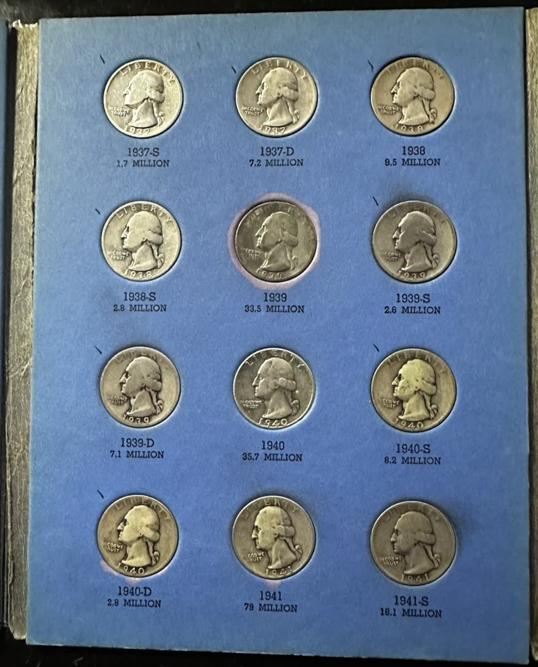 Набор серебряных монет номиналом 25 центов 1932-1959 с изображением Вашингтона, 2 полных папки для монет Уитмена 73 монеты - Изображение 3 из 4