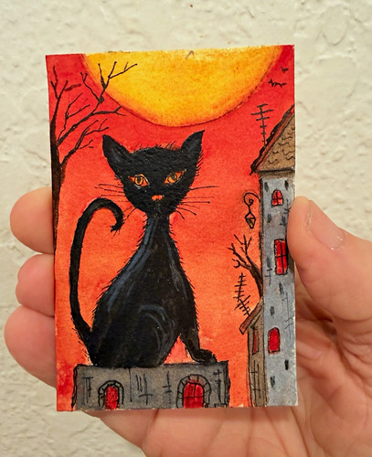 ACEO Original Watercolor “Moon Shadow” Black Cat,Moon,CynthiaDomanickArt 
