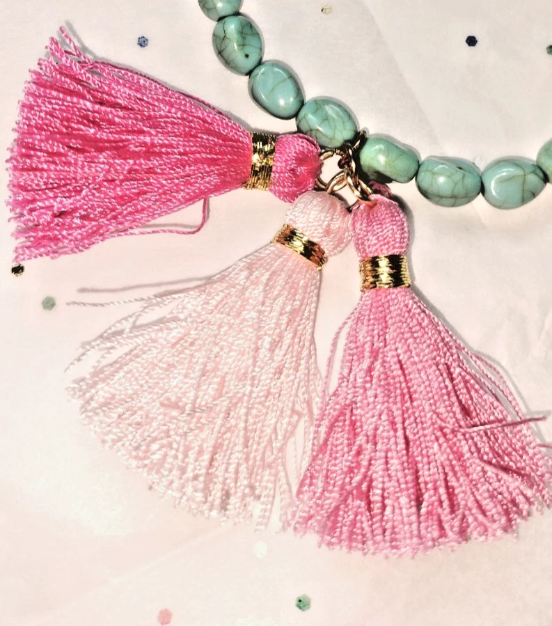 Jade Tassel Bracelet w/Gold Tones Round Beaded Elastic Pink and Gold Fringes - Изображение 3 из 4
