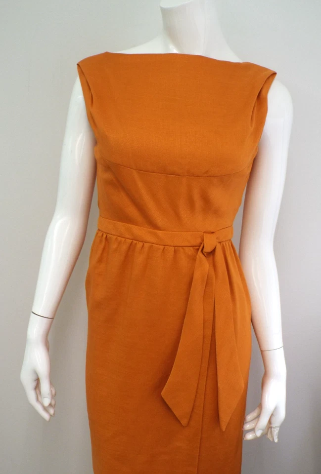 Vintage 1960s Neimette Couture Orange Linen Mod Sheath Dress XS Neiman Marcus - Image 2 of 4